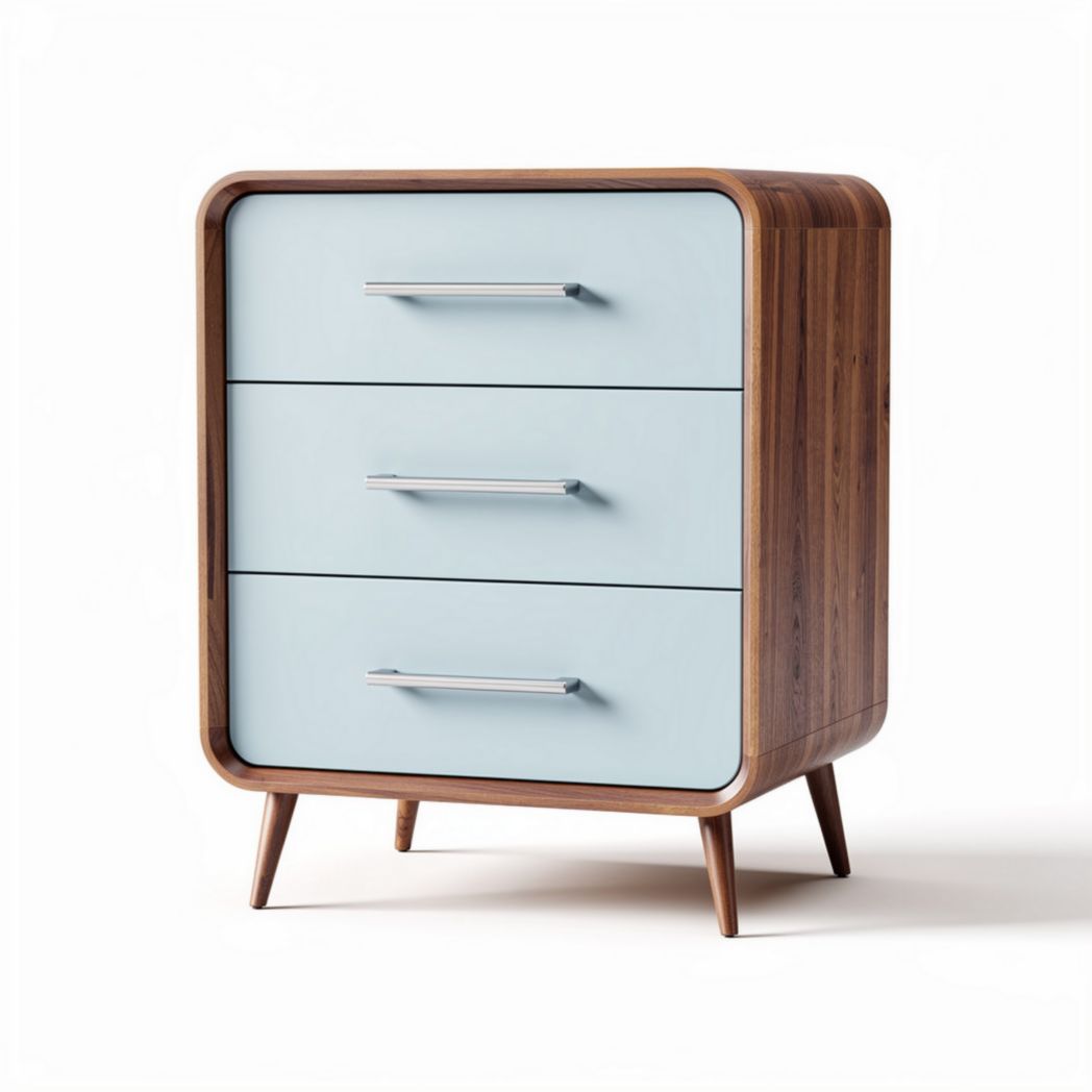 Walnut and Blue Three-Drawer Nightstand – For Bedroom Storage – Wood and MDF – 60 x 40 x 75cm