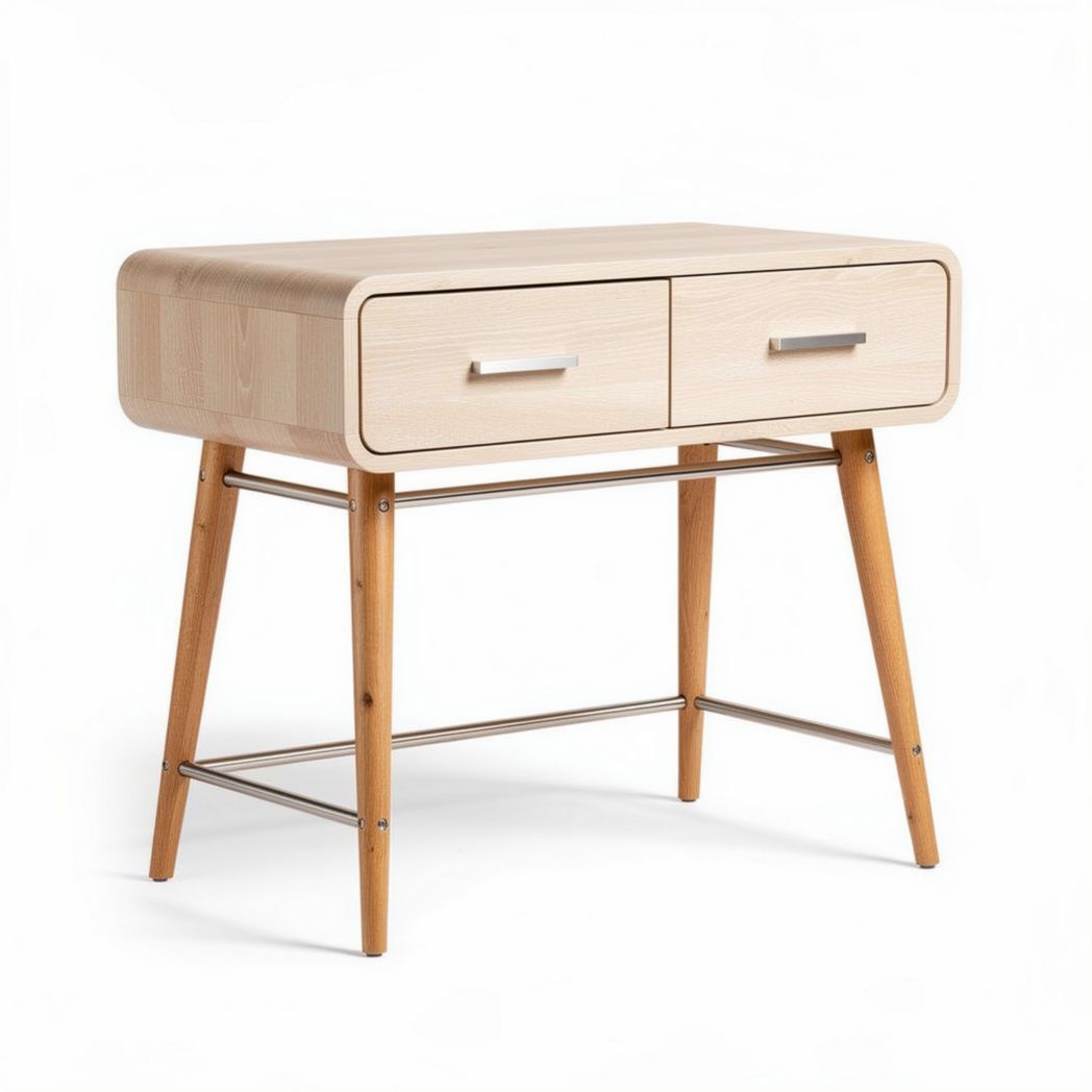 Natural Wood Side Table with Two Drawers – Living Room Use – Engineered Wood and Metal – 50 x 40 x 35cm